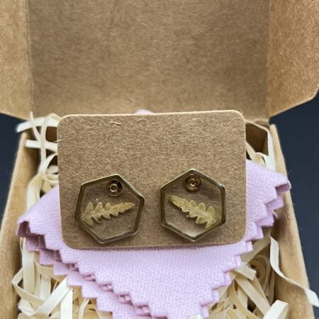 Fern hexagon small gold stainless steel stud earrings