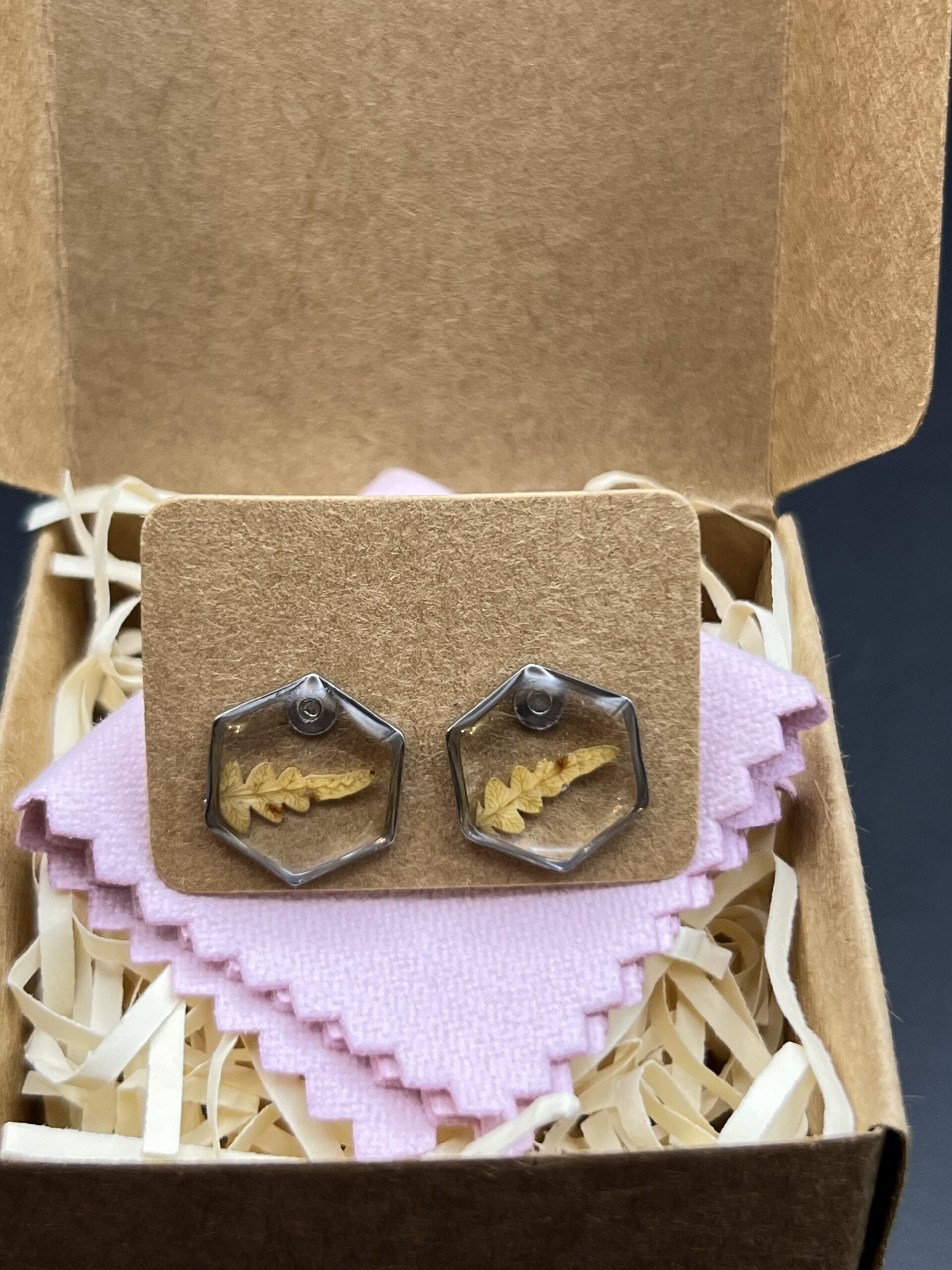 Fern hexagon small stainless steel stud earrings