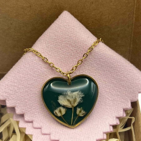 Gypsophila flowers heart gold stainless steel necklace