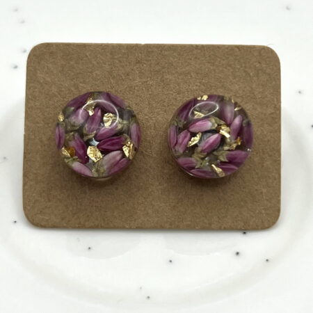 Pink heather round stainless steel stud resin earrings with gold flakes