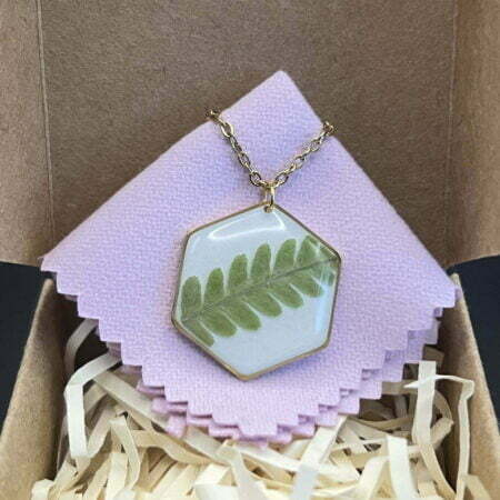 Fern hexagon gold stainless steel resin necklace