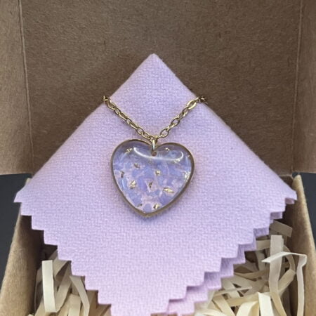 Dianthus petal heart gold stainless steel resin necklace