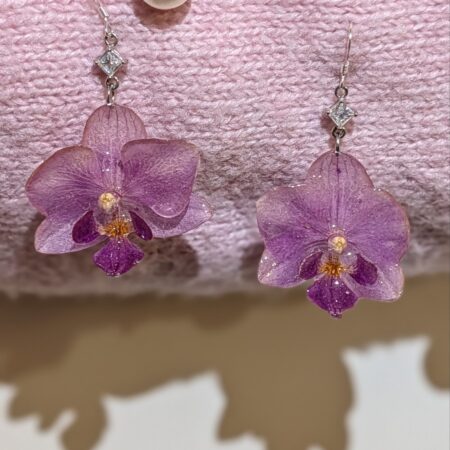 Purple small orchid silver earrings