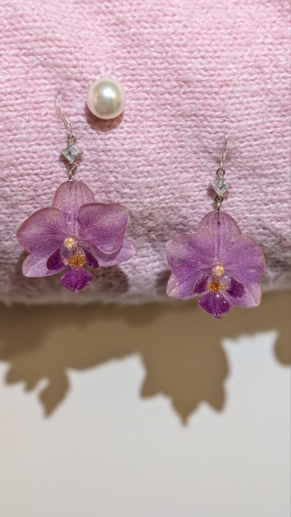 Purple small orchid silver earrings