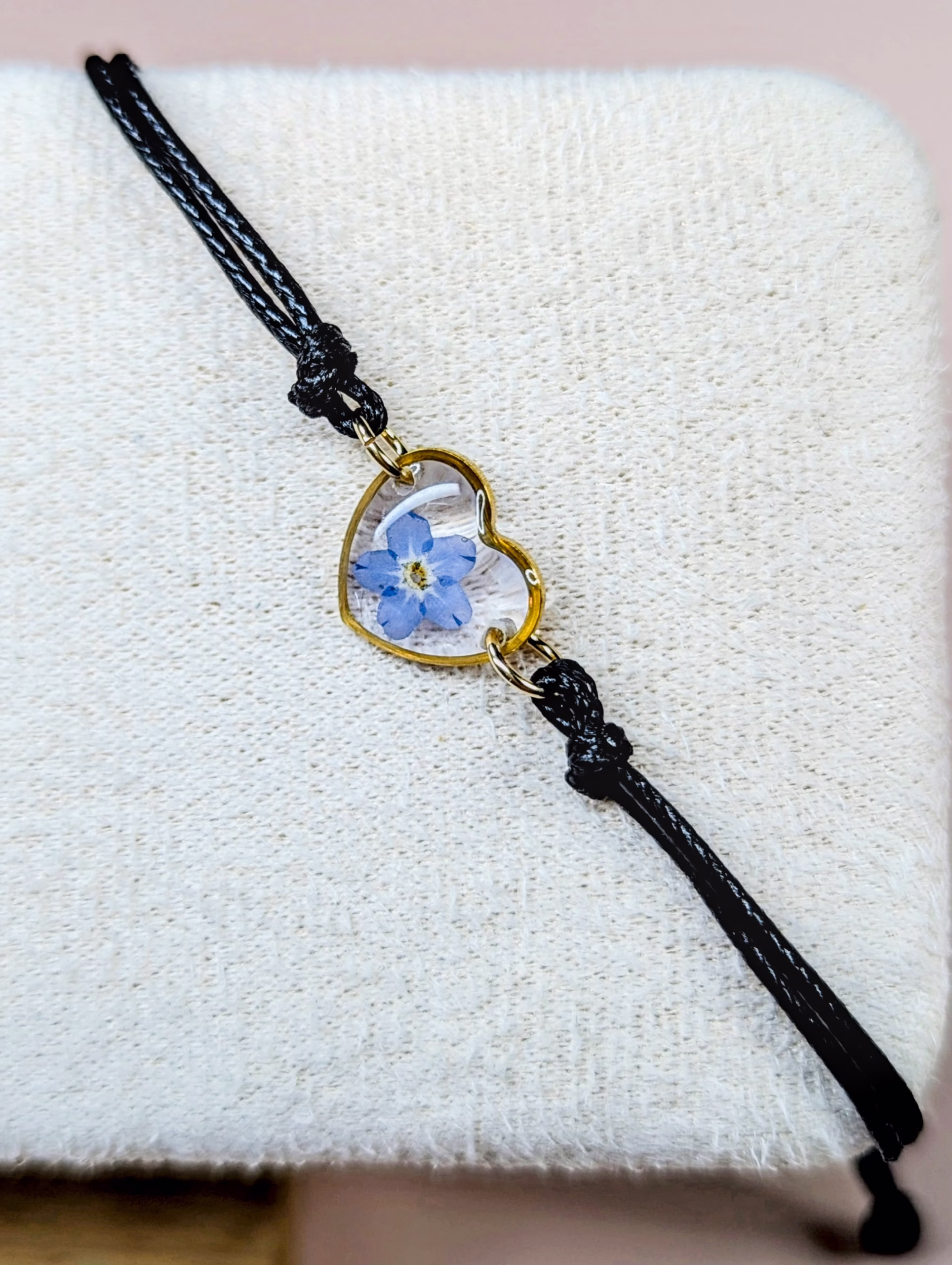 Forget me not black cord bracelet in gold