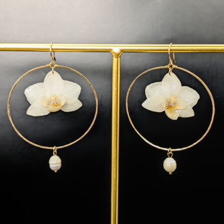 White orchid & pearl gold filled earrings