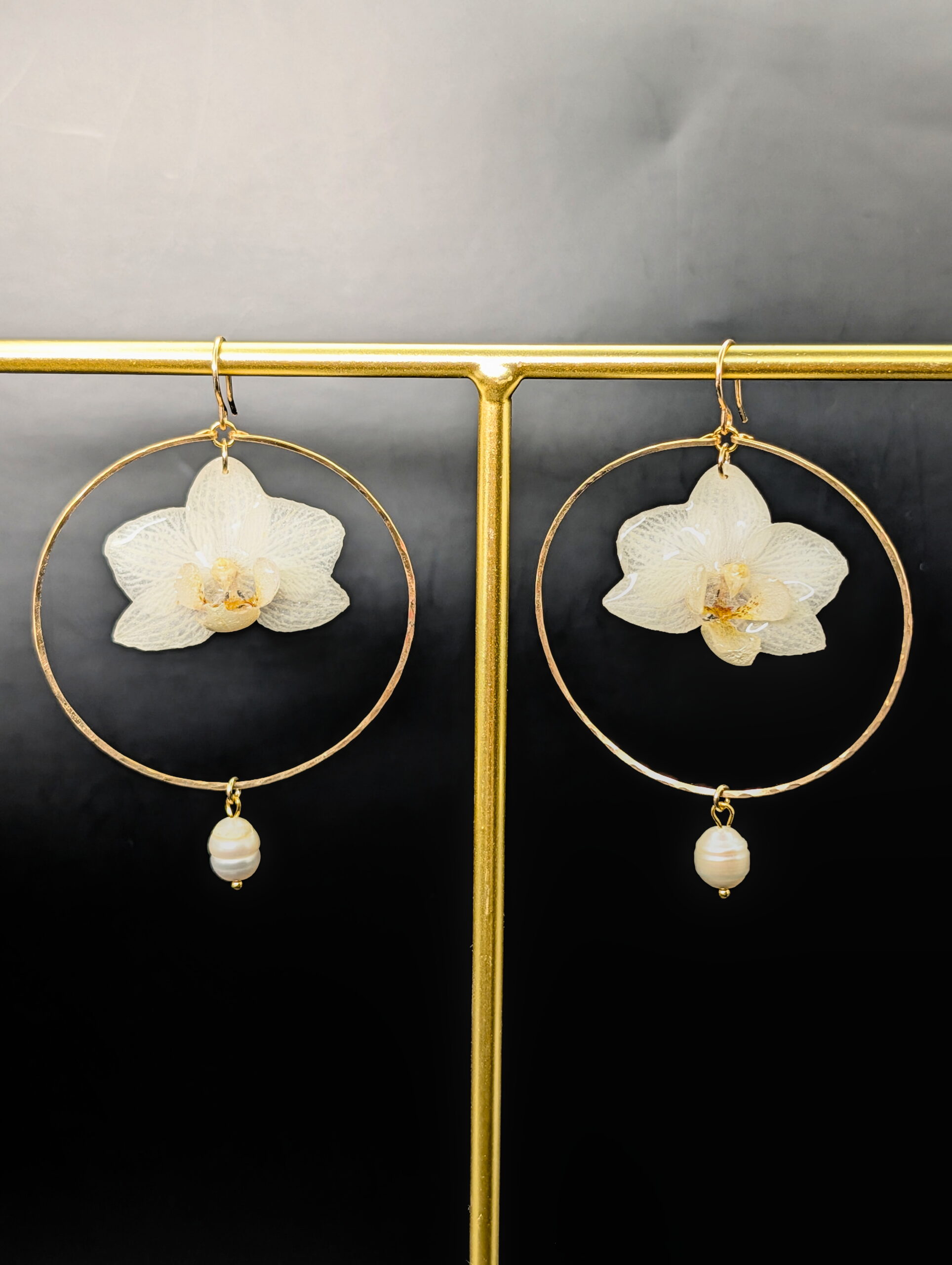 White orchid & pearl gold filled earrings