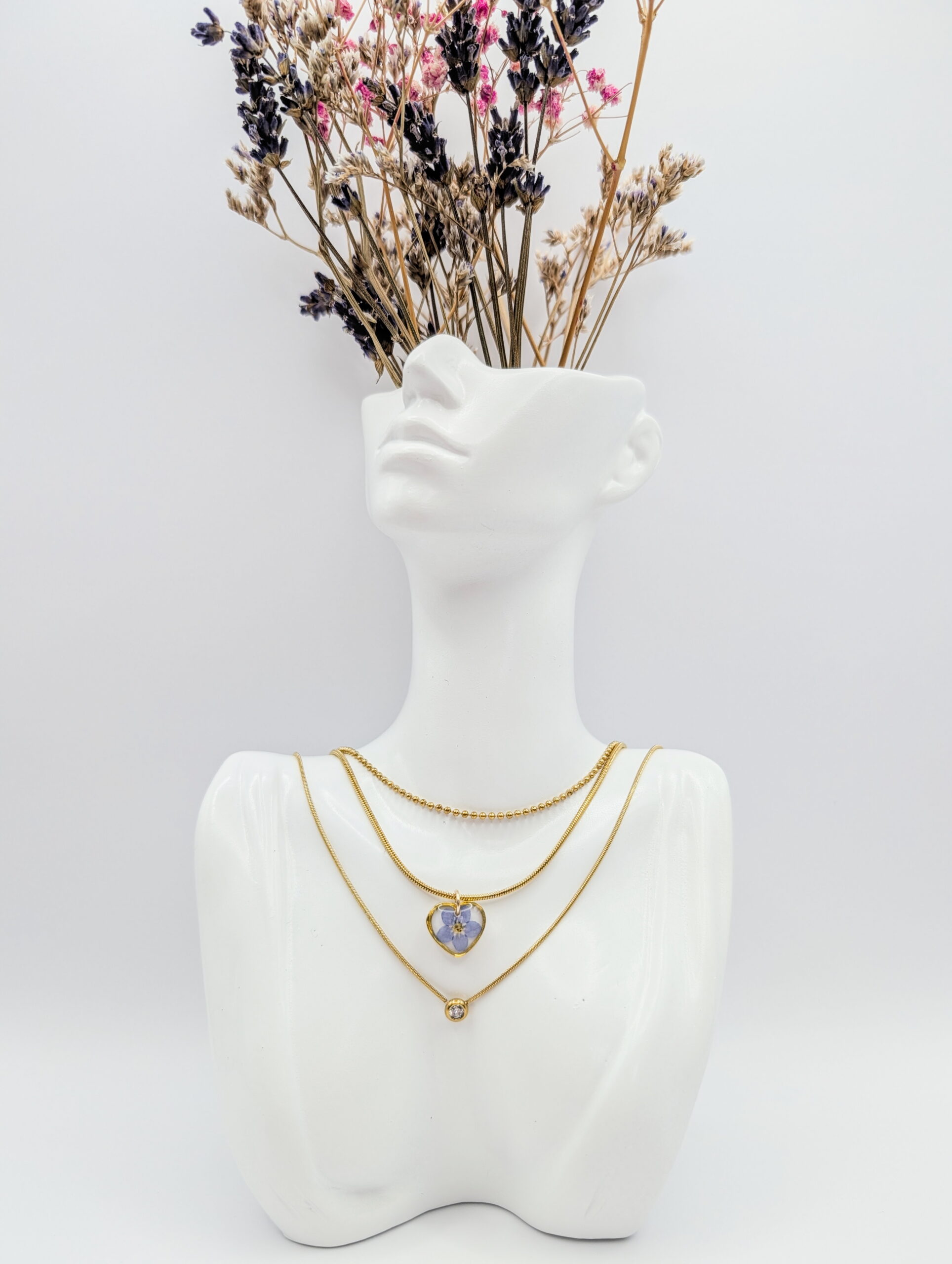 Forget me not three-layer gold necklace - white background - Image 3