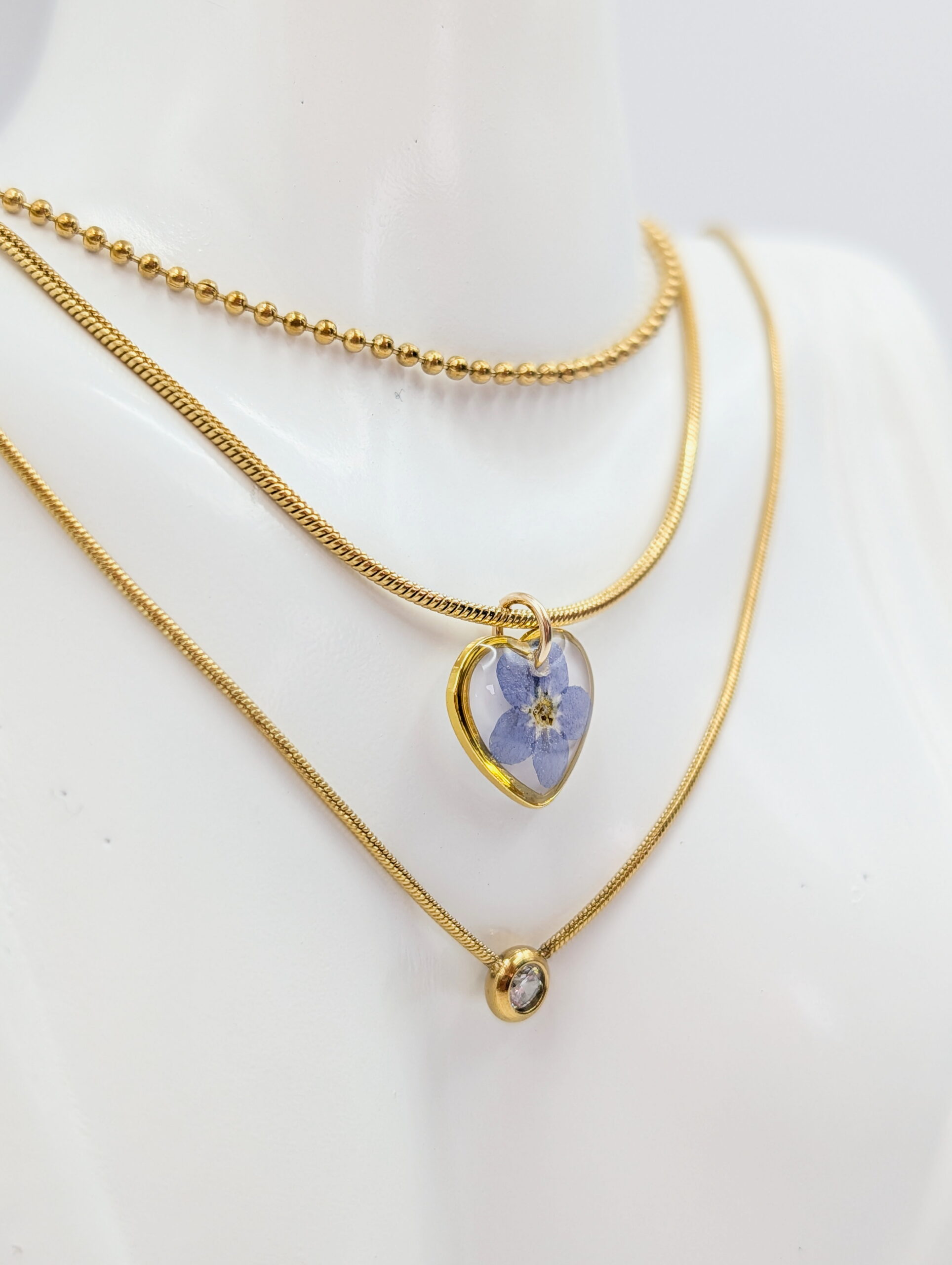 Forget me not three-layer gold necklace - white background - Image 2