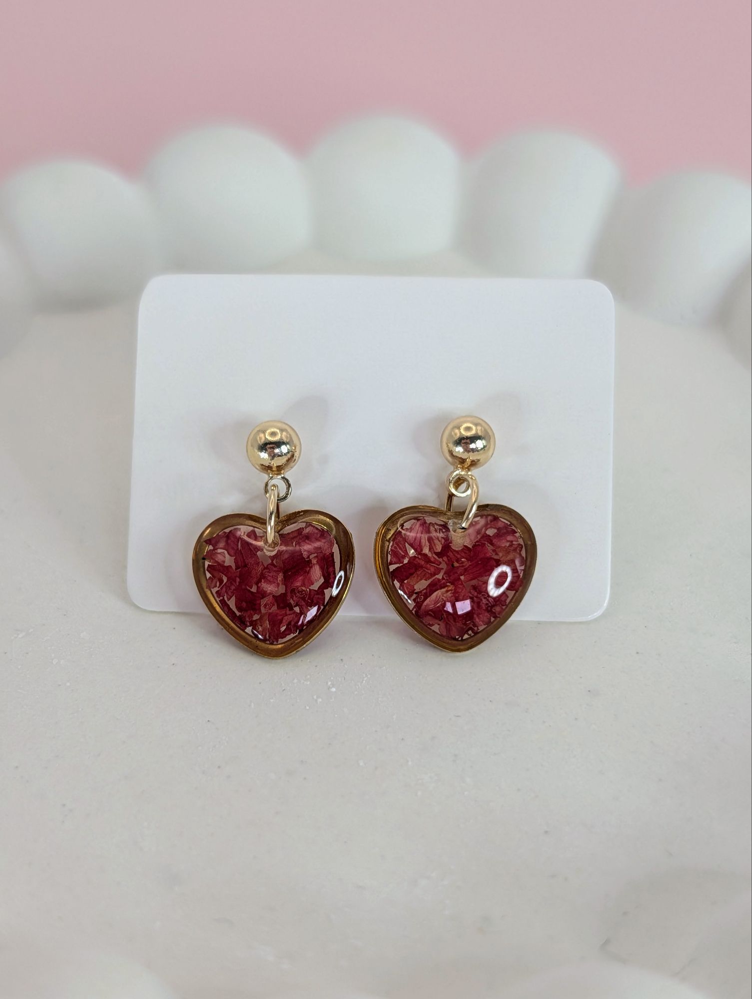 Carnation heart gold drop earrings